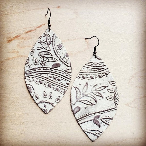 Leather Oval Earring Cream Paisley