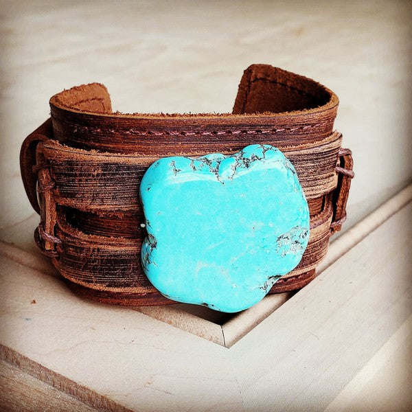 Blue Turquoise Slab on Dusty Leather Cuff