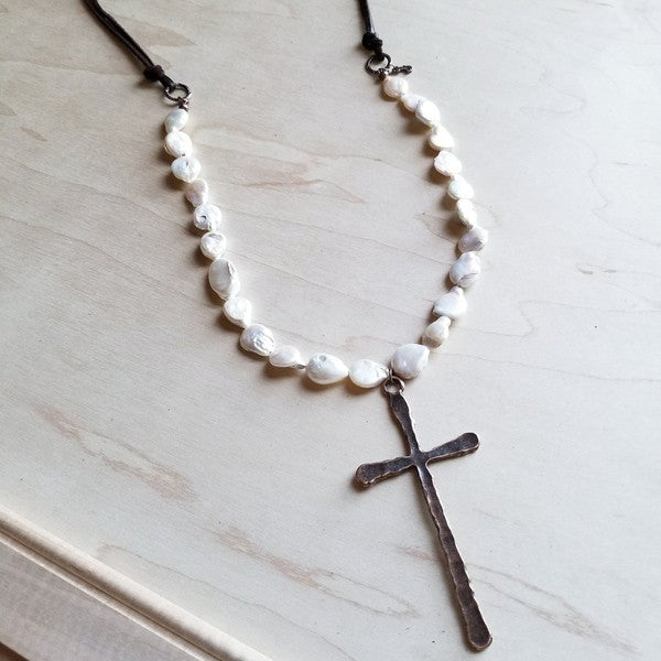 Genuine Shell Pearl Coin Necklace w/ Copper Cross