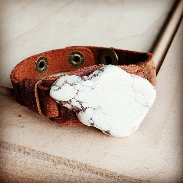 White Turquoise Chunk on Narrow Leather Cuff