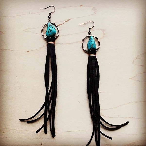 Turq Drop Earring with Leather Tassel Black