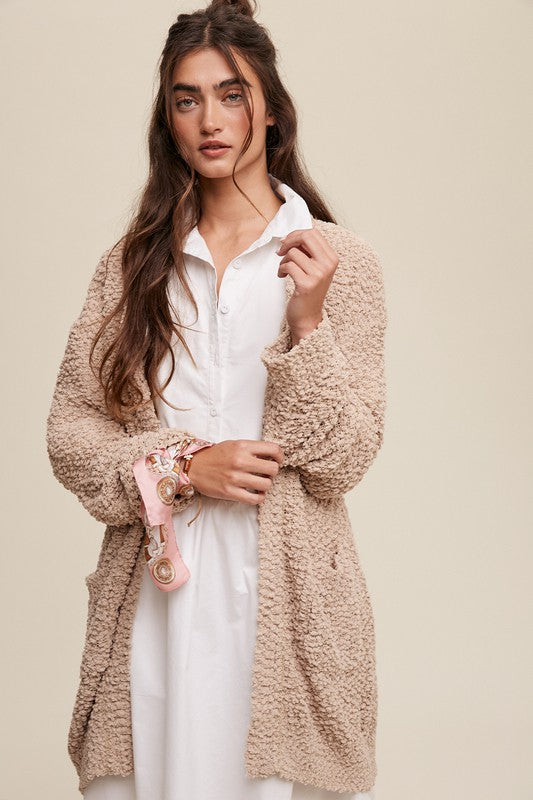 Popcorn Open Knit Cardigan Sweater