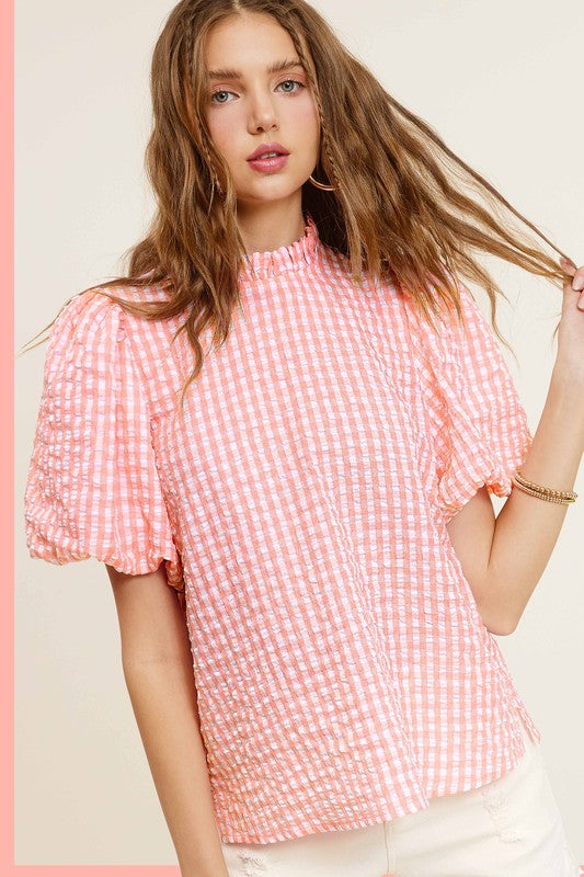 Gingham Check Print Puff Sleeve Top