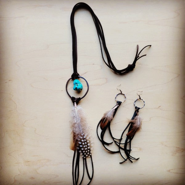Brown Leather Necklace Blue Turquoise & Feather