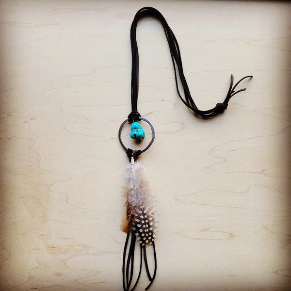 Brown Leather Necklace Blue Turquoise & Feather