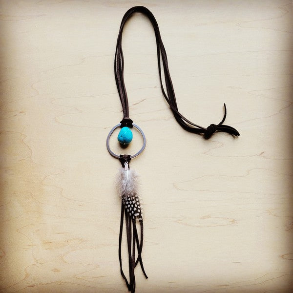 Brown Leather Necklace Blue Turquoise Spot Feather