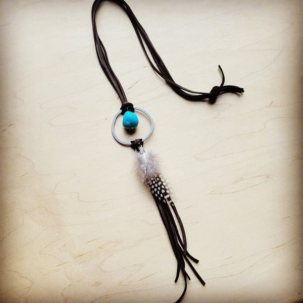 Brown Leather Necklace Blue Turquoise Spot Feather