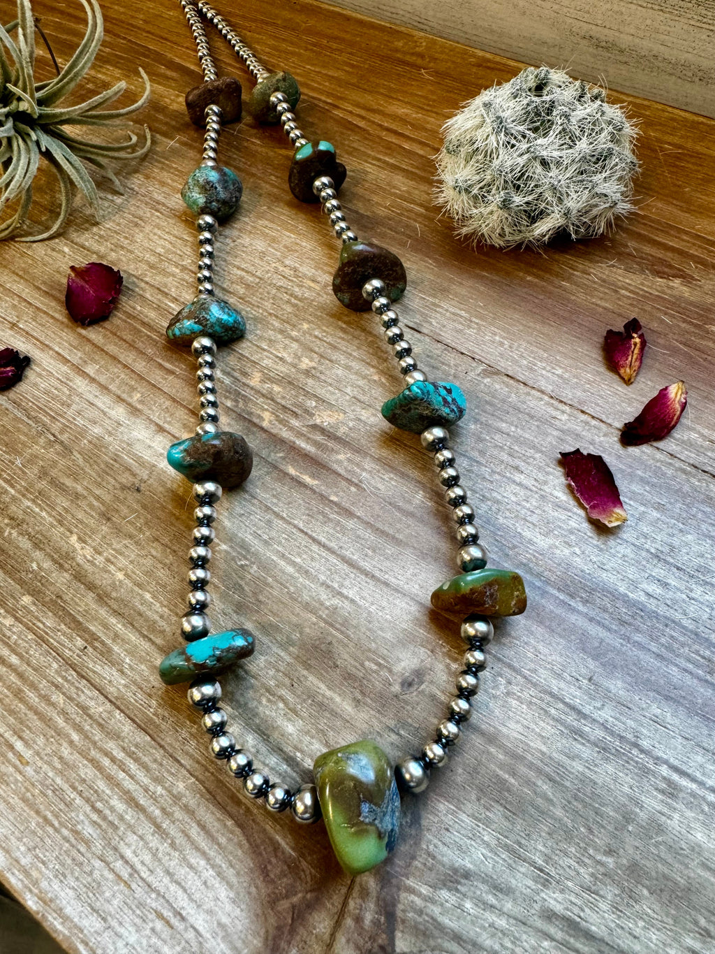 31 inch chunky turquoise necklace with Sterling silver pearls