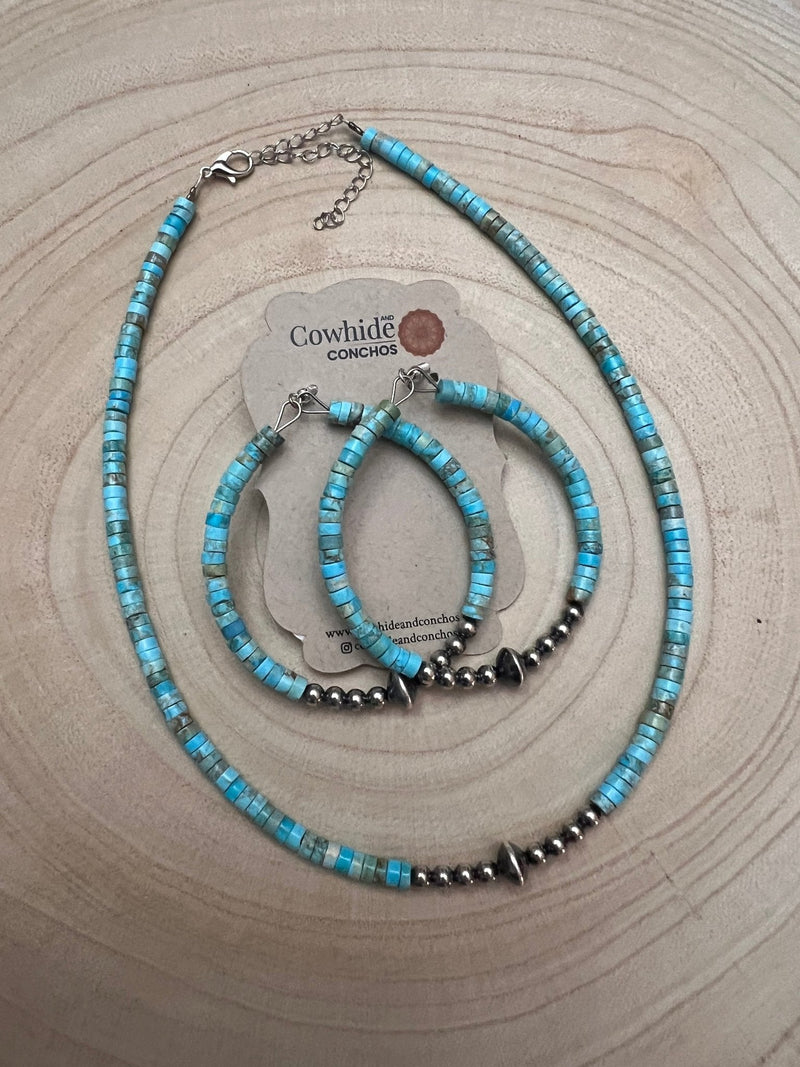 4mm Sterling Pearls and Sterling Saucer Accent Bead Turquoise Choker - 14 inch