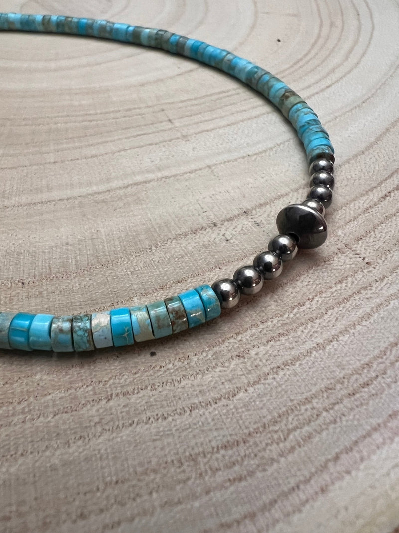 4mm Sterling Pearls and Sterling Saucer Accent Bead Turquoise Choker - 14 inch