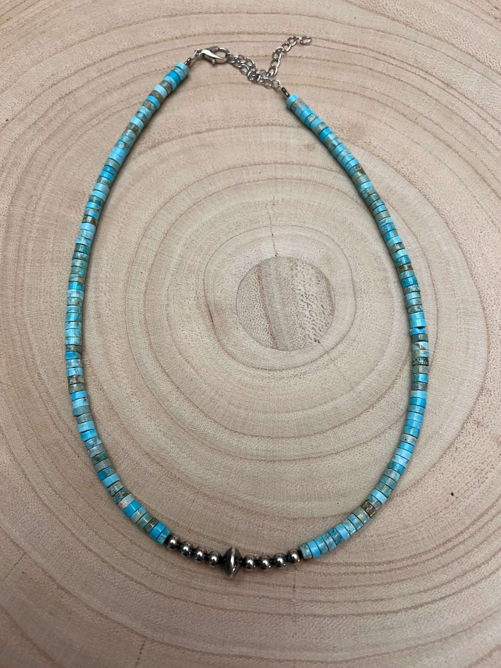 4mm Sterling Pearls and Sterling Saucer Accent Bead Turquoise Choker - 14 inch