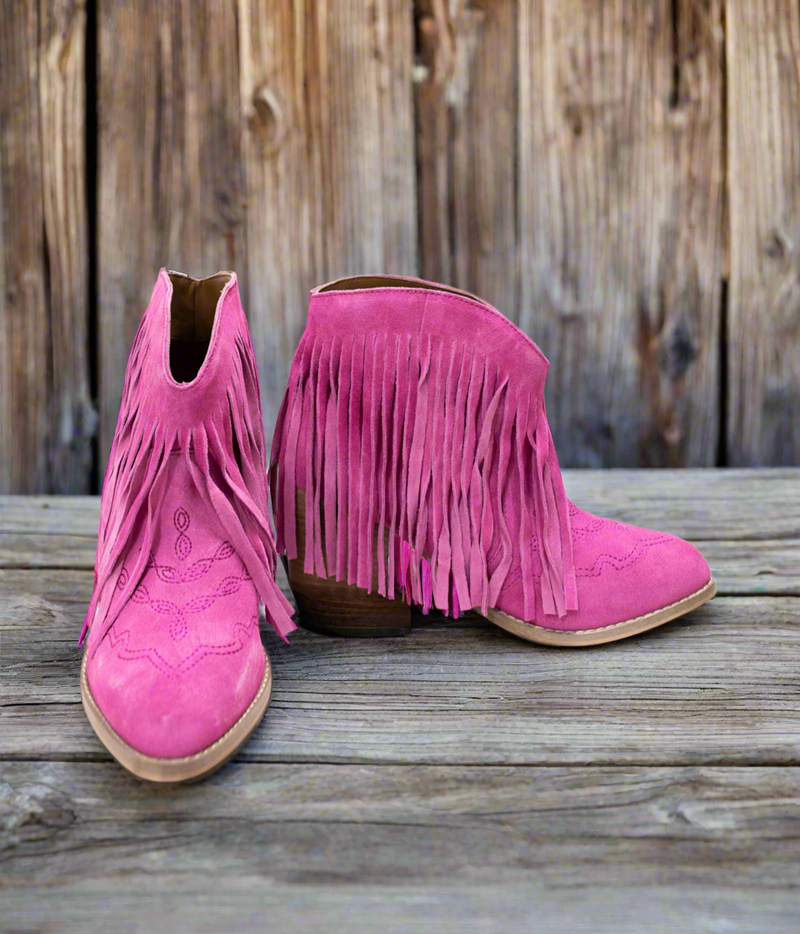 Amos Fringe Ankle Bootie in Magenta Suede