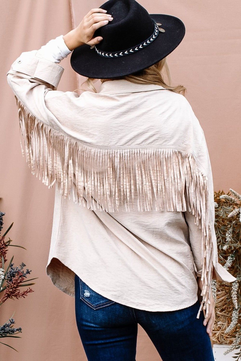 Fringe Back Detailed Button Down Shacket