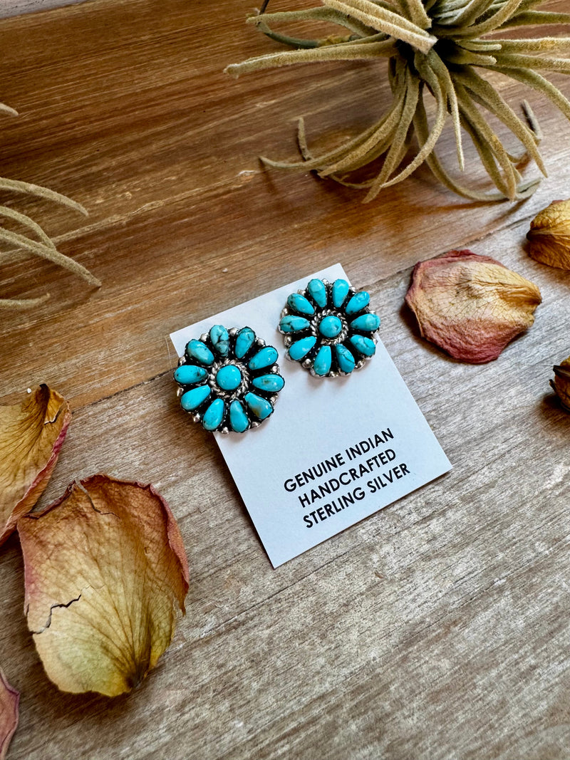 Native Made Cluster Earrings – Bright Light Blue Turquoise, 1 Inch, Post Style, Stamped JW