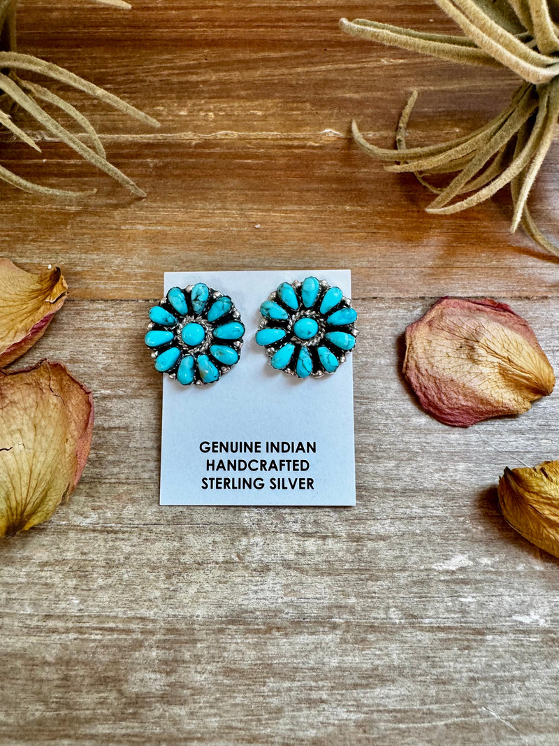 Native Made Cluster Earrings – Bright Light Blue Turquoise, 1 Inch, Post Style, Stamped JW