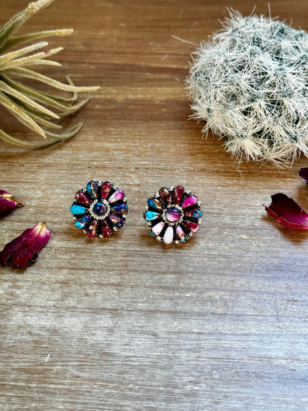 Mixed pink dahlia and purple Mohave flower stud earrings