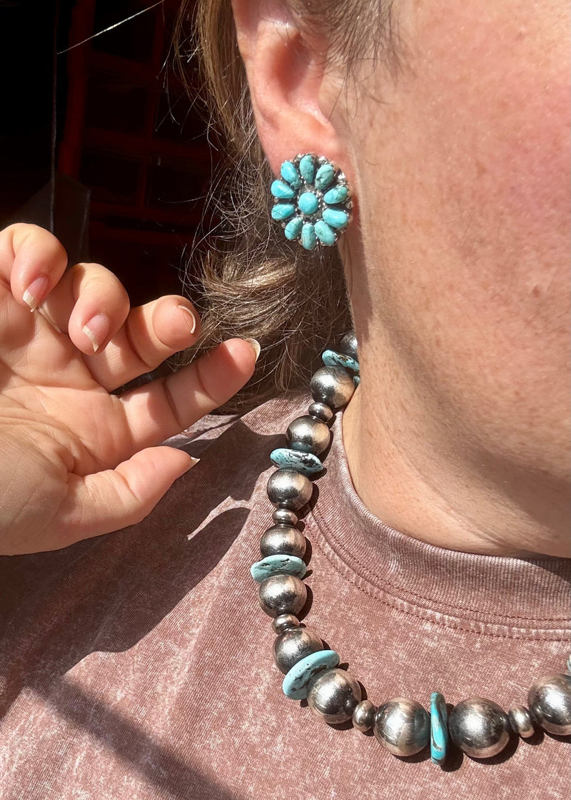 Native Made Cluster Earrings – Bright Light Blue Turquoise, 1 Inch, Post Style, Stamped JW