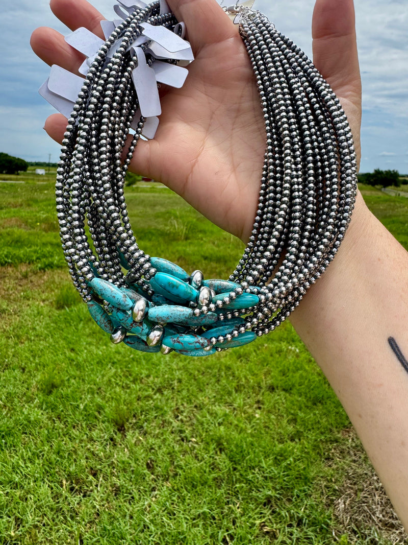 15-Inch Sterling Silver Pearl & Blue Turquoise Torpedo Choker