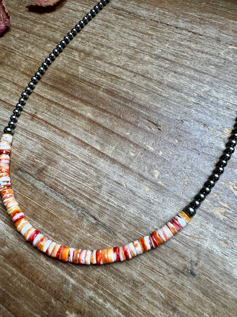 15-Inch Spiny Oyster Heishi Necklace – Sterling Silver Pearls, Handmade