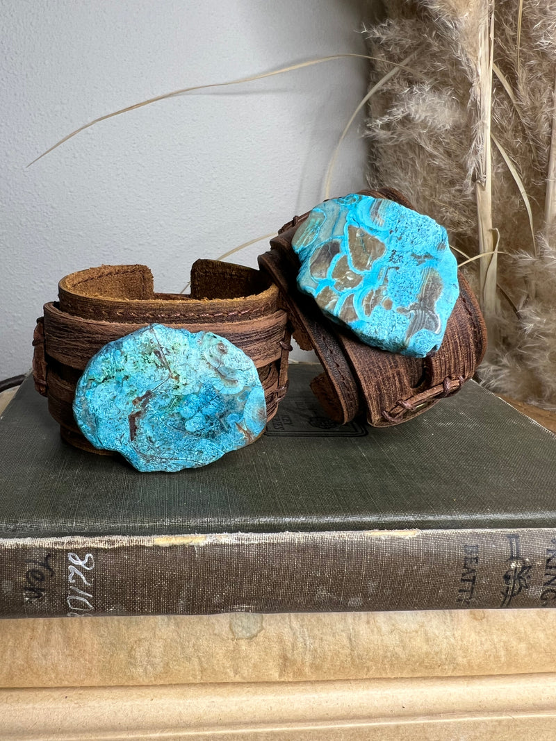 Dusty Leather Cuff with Ocean Agate Slab