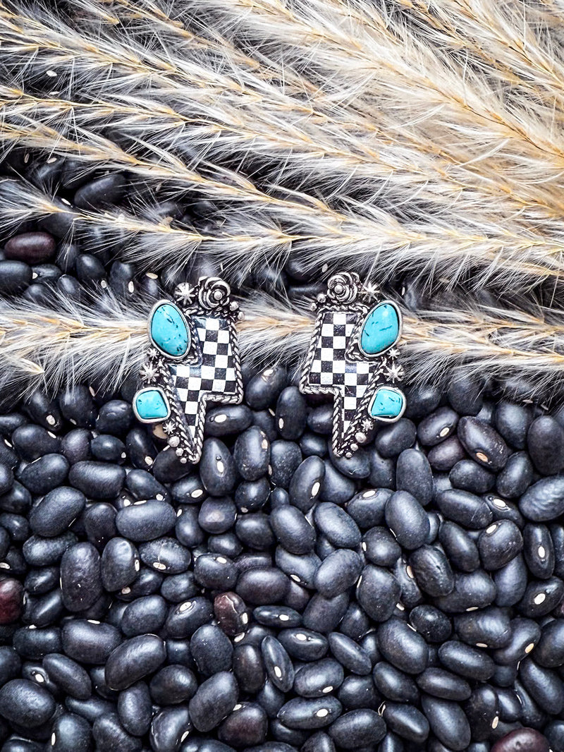 The Thunderbolt Studs – Checker & Aqua Stone Fashion Earrings