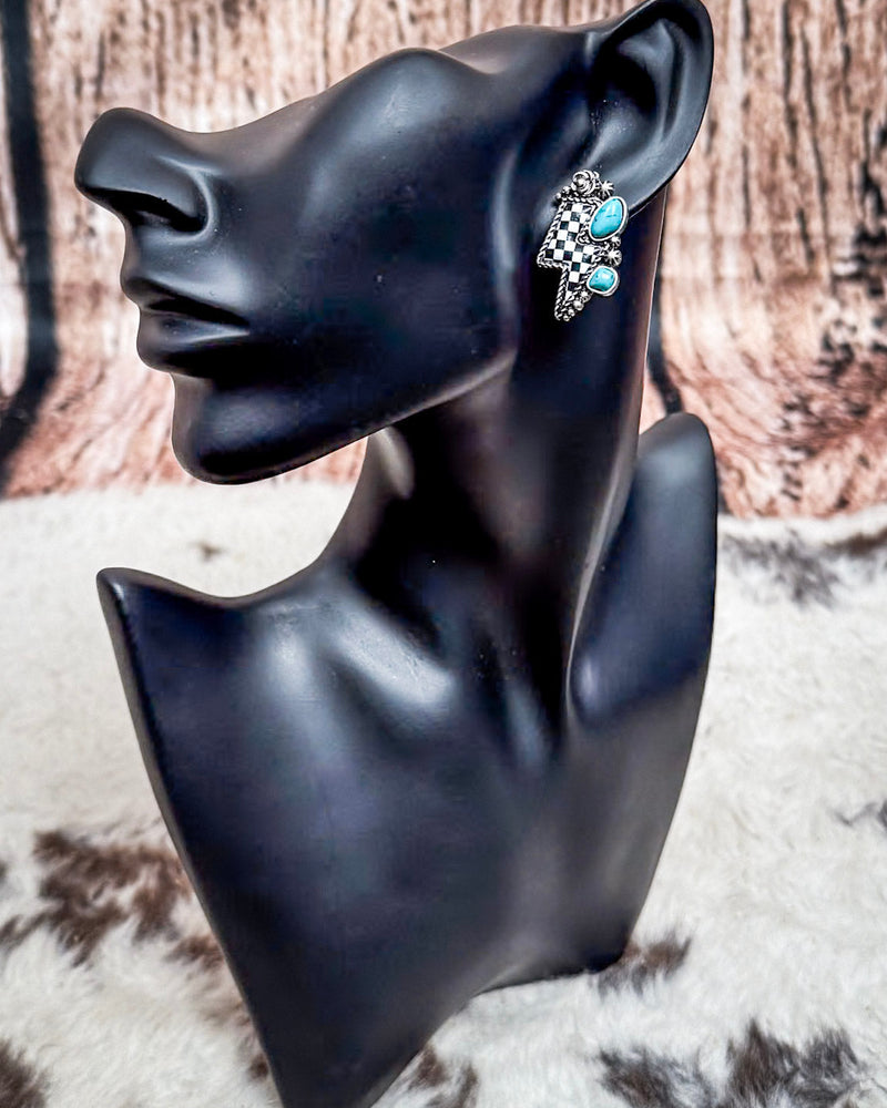 The Thunderbolt Studs – Checker & Aqua Stone Fashion Earrings