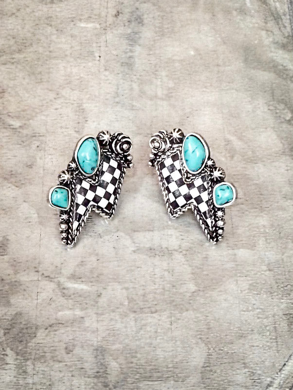The Thunderbolt Studs – Checker & Aqua Stone Fashion Earrings