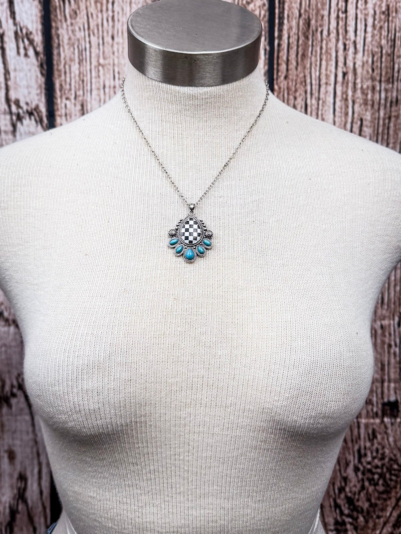 The Rodeo Queen Necklace – Checker Teardrop & Concho  Fashion Pendant
