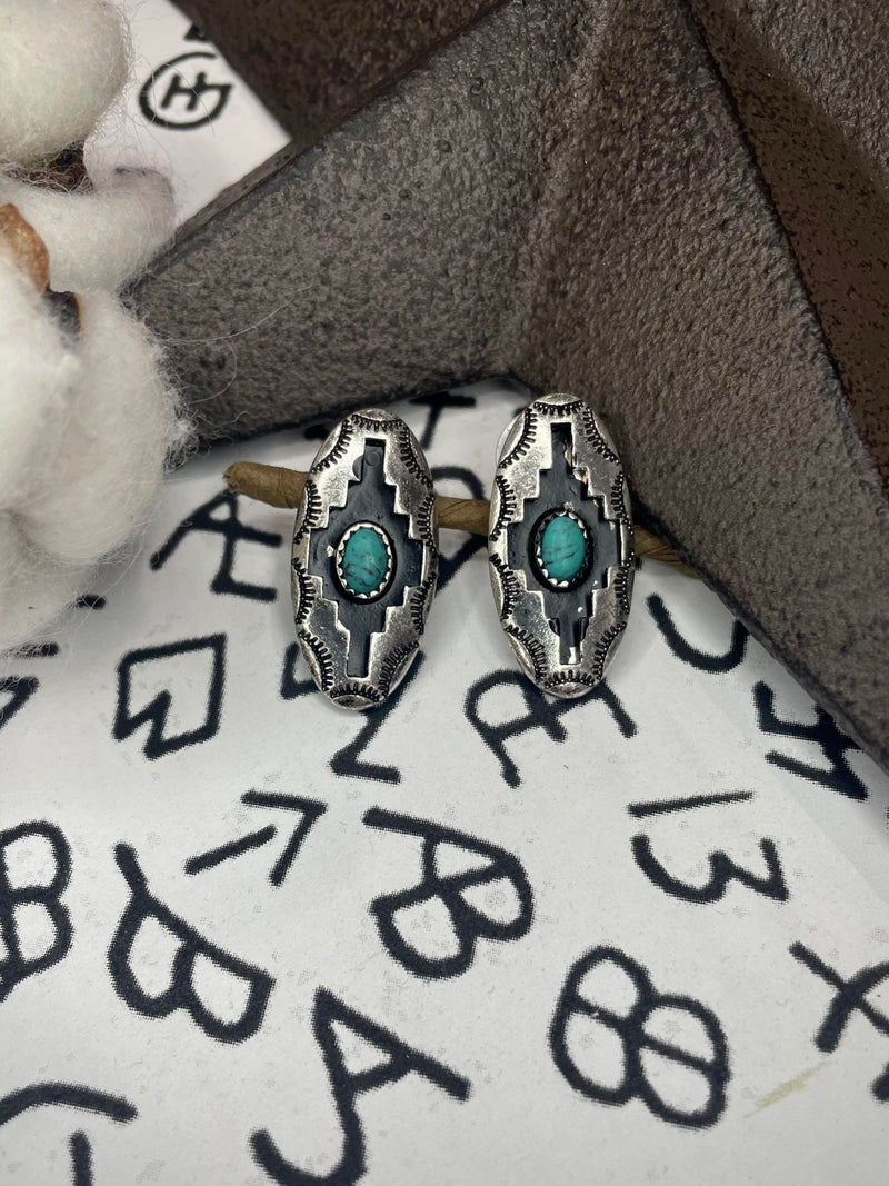 Azure Aztec Patterned Metal Stud Fashion Earrings