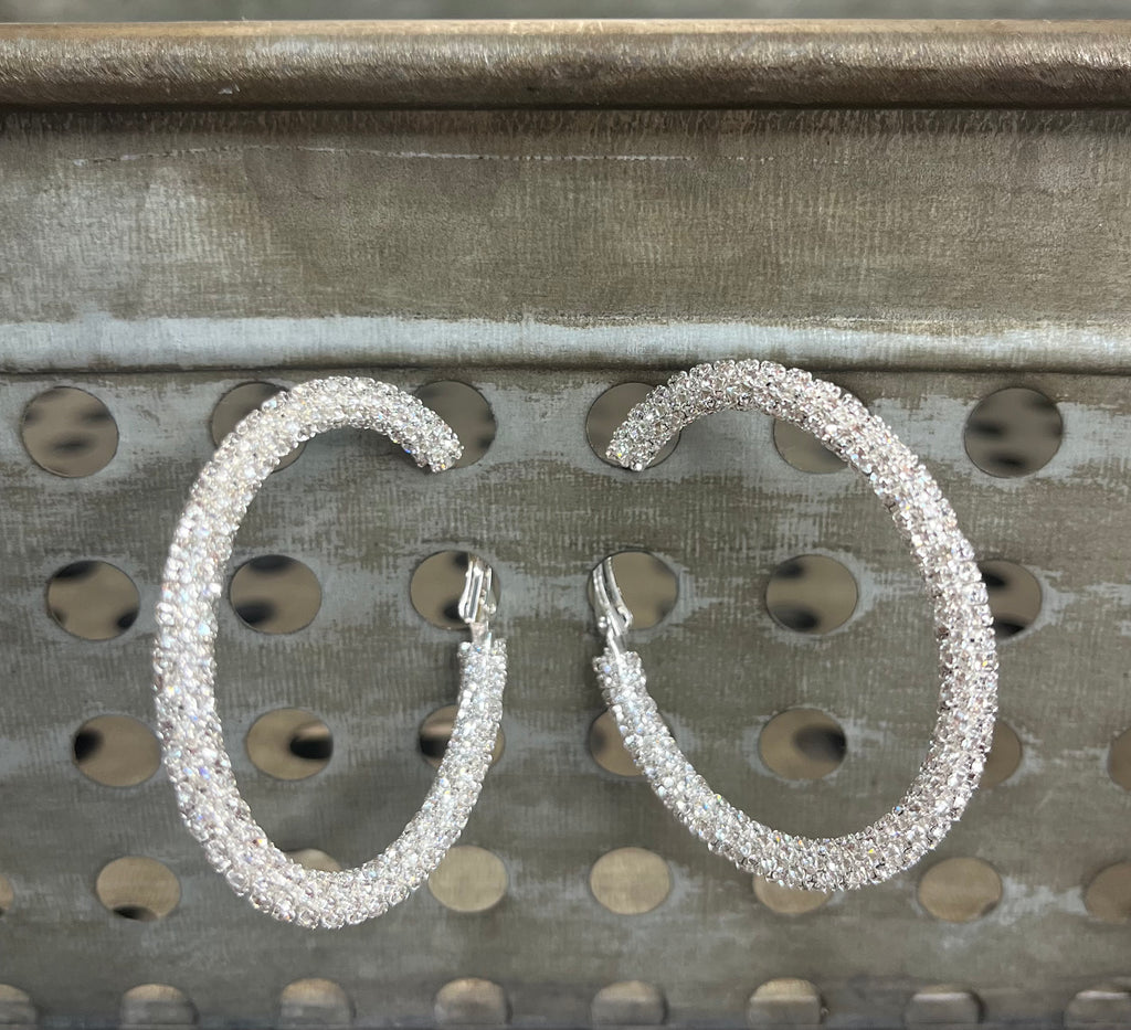 Large Rhinestone Silver Hoop Earrings